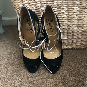 Black Leather with silver trim peep toe shoes